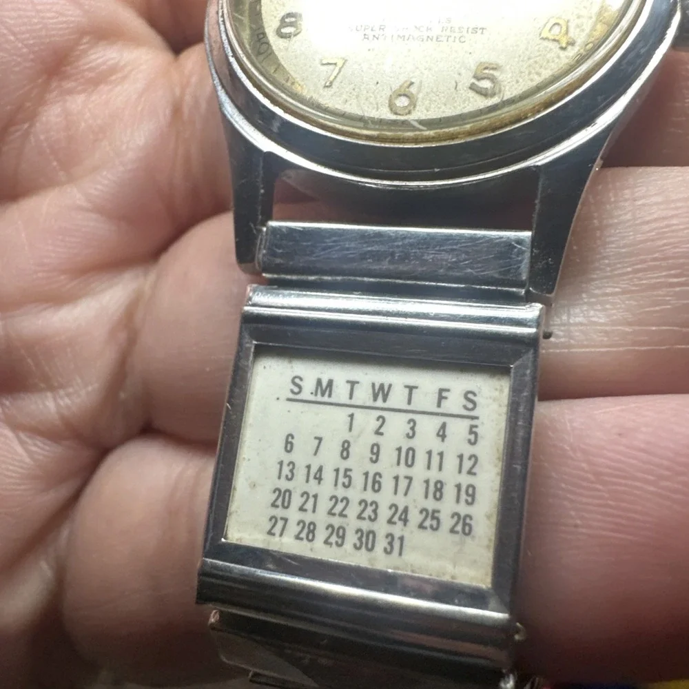 Working VTG HideX CALENDAR Swiss‎ 17 Jewels Manual Wind Mens Watch 30mm Fit 7in